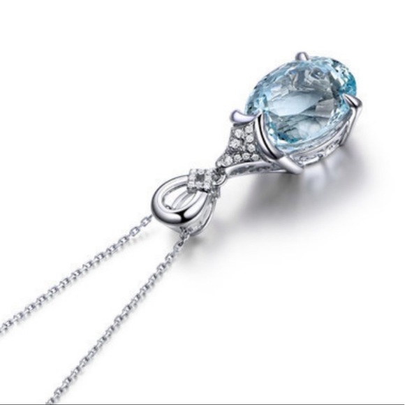 NEW Silver Aquamarine Diamond Necklace - Picture 5 of 8